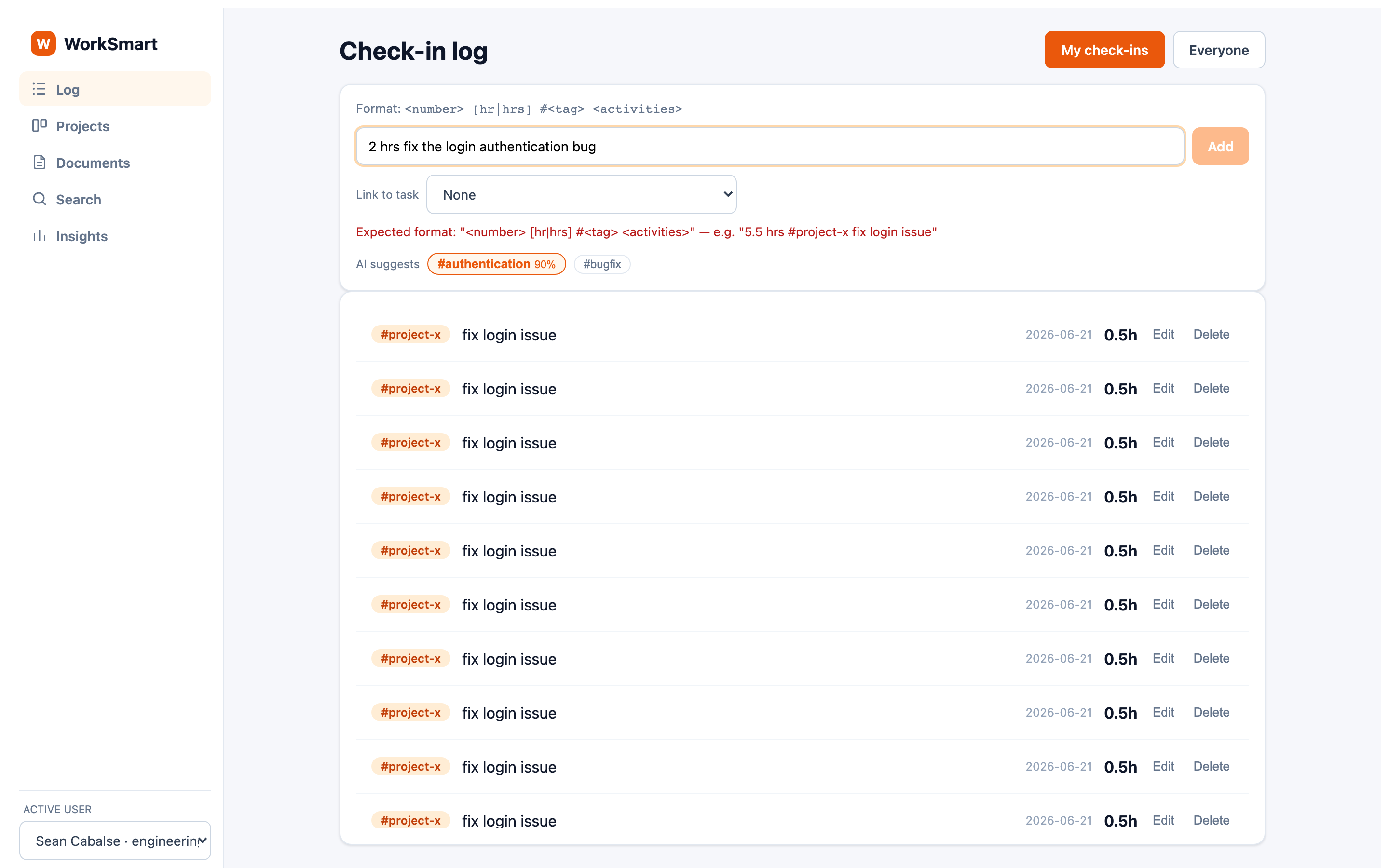 AI tag suggestion beneath the check-in input