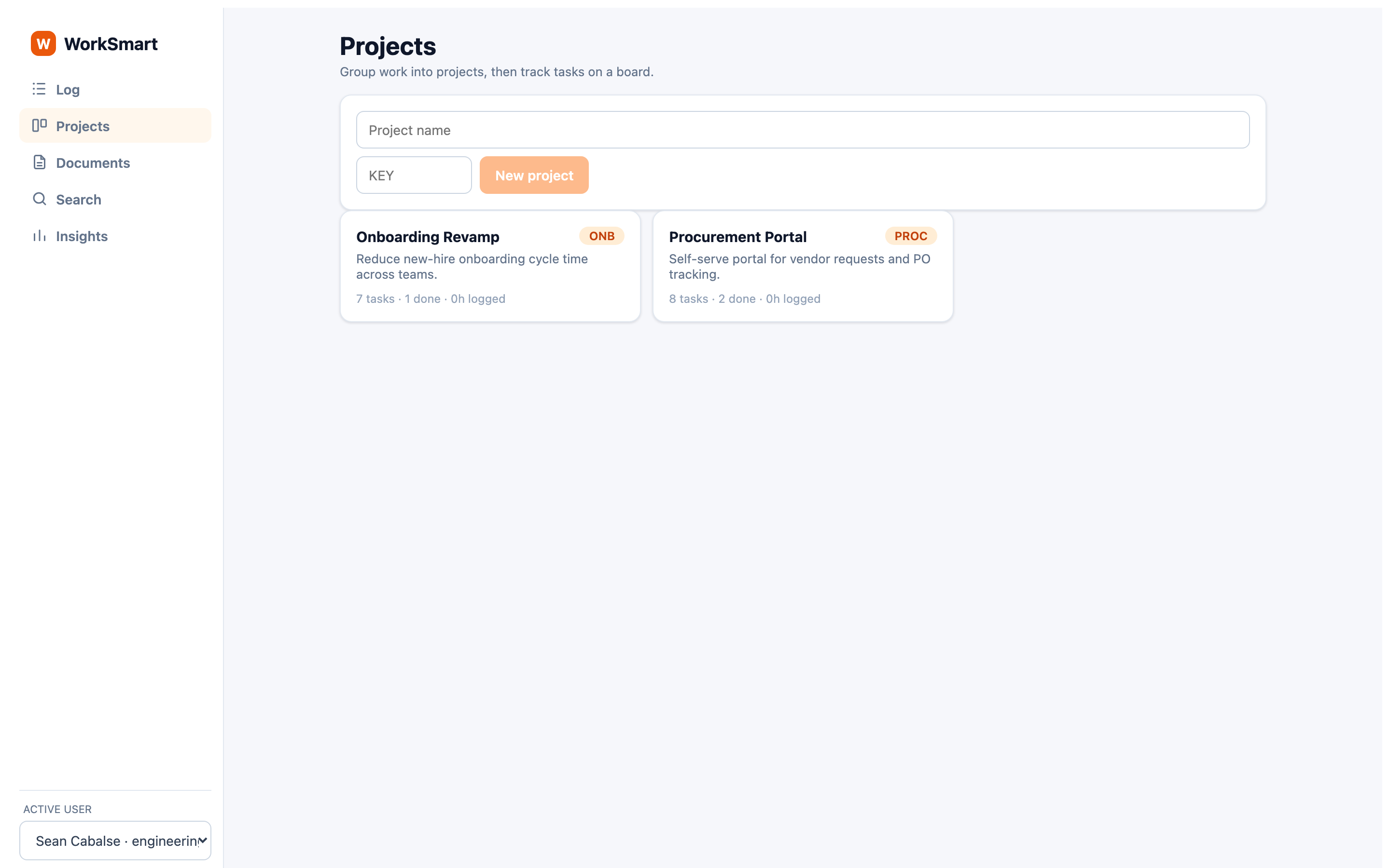 Projects list with create form
