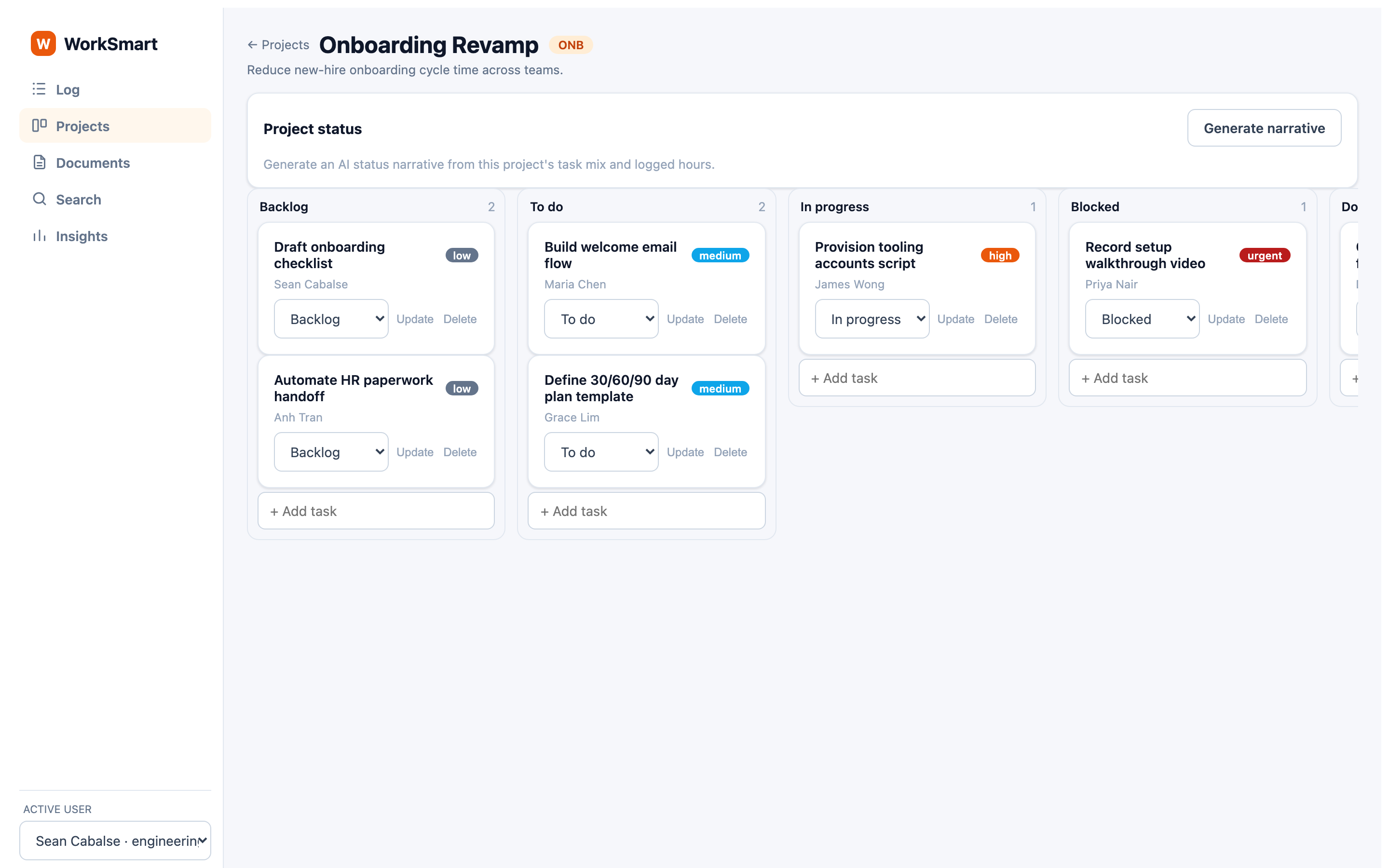 Project board with status columns