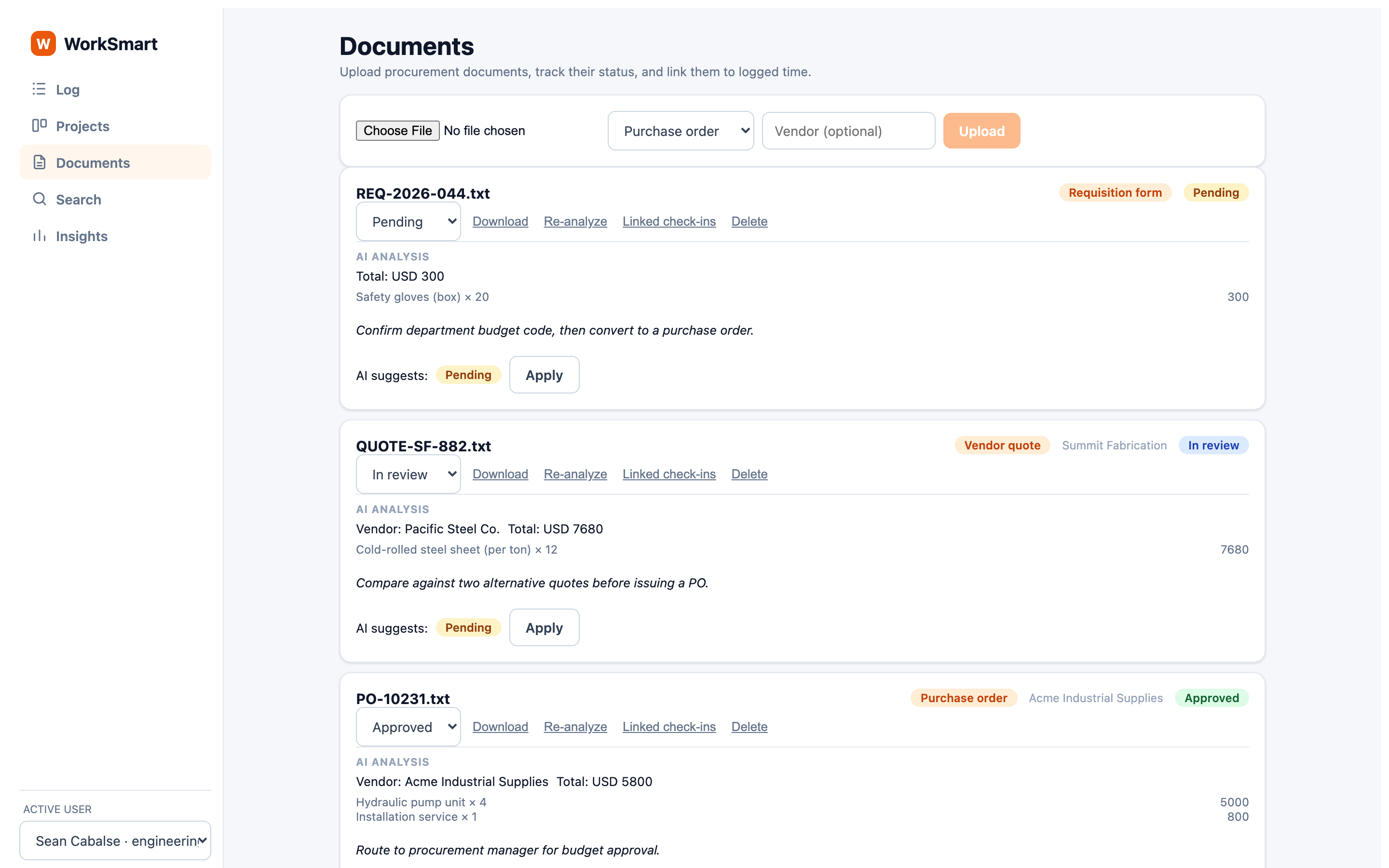 Documents page with AI analysis